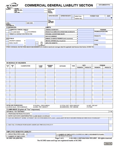 A blank ACORD Commercial General Liability Section insurance form with fields for policyholder, coverages, limits, deductibles, schedule of hazards, entertainment insurance options, and employee benefits liability information.