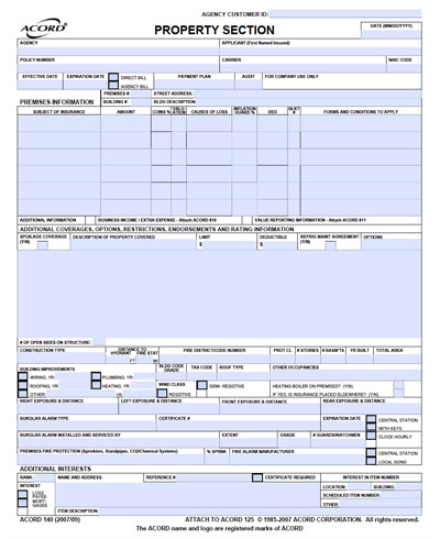 A filled-out ACORD 125 Property Section insurance form for Commercial Property, featuring sections for agency info, premises info, coverage details, mortgagee details, and additional interests, with various fields and checkboxes throughout the form.