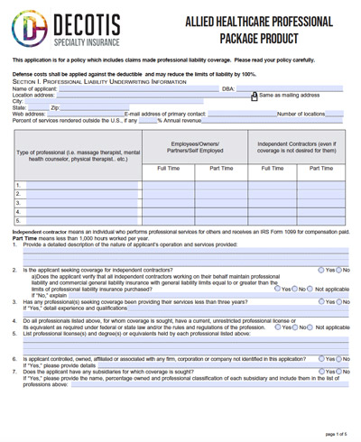A form titled Allied Healthcare Professional Package Product by Decotis Specialty Insurance, featuring sections for applicant details, contractor information, and columns for full-time and part-time professionals seeking Errors and Omissions Insurance.