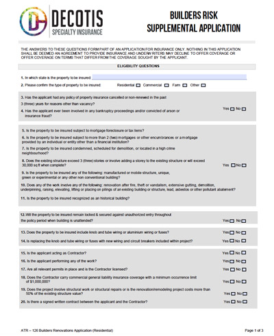 A Builders Risk Supplemental Application form from Decotis Specialty Insurance with eligibility questions on property history, renovations, insurance, vacancy status, damage, and legal issues—ideal for Course of Construction Insurance.