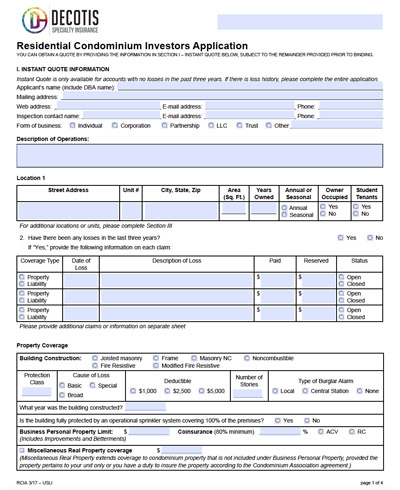 A residential condominium investors application form from Decotis Specialty Insurance for Real Estate Investors Insurance, featuring sections for applicant information, location, property coverage, and additional coverage options with various input fields and checkboxes.
