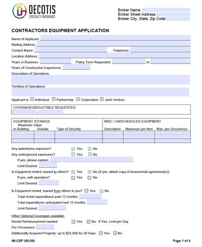 A contractor’s equipment application form from Decotis Specialty Insurance for Equipment Floater Insurance. The form requests applicant and broker details, coverage, equipment info, security, valuation, and usage details with checkboxes and blank fields to fill out.
