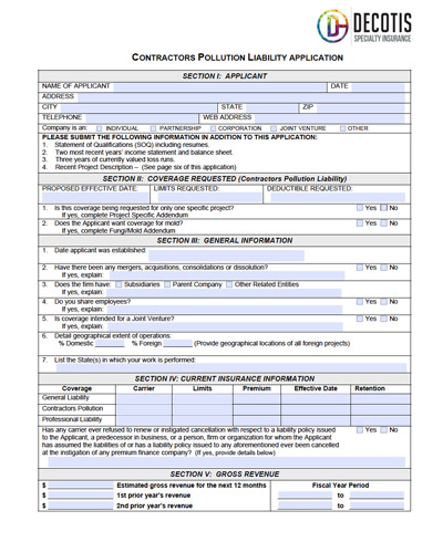 A “Contractors Pollution Liability Application” form from DECOTIS Specialty Insurance, featuring sections for applicant info, coverage, Environmental Liability details, current insurance, and gross revenue, with checkboxes and blank fields for completion.