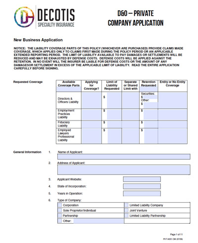 A new business insurance application form from Decotis Specialty Insurance, featuring sections to select coverage such as Fiduciary, D&O, and EPLI, applicant details, and entity type. The form includes a table for different liability coverage options.