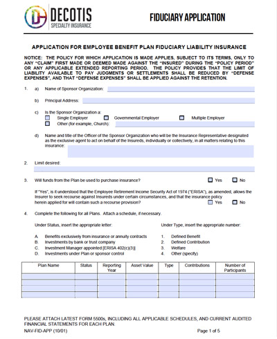 A form titled “Application for Employee Benefit Plan Fiduciary Liability Insurance” from Decotis Specialty Insurance, covering sponsor organization details, requested coverage, and list of plans—ideal for those seeking Management Liability protection.