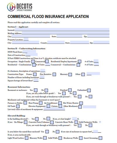 A Commercial Flood Insurance application form featuring sections for applicant details, underwriting information, building specs, and construction safety checkboxes. DECOTIS Specialty Insurance logo appears at the top.