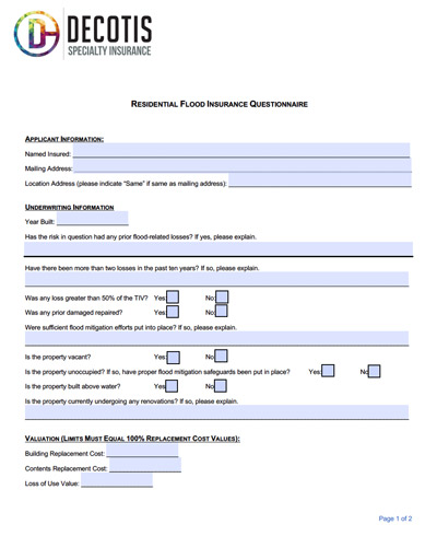 A residential flood insurance questionnaire form with fields for applicant information, underwriting info on past flood losses, mitigation efforts, property vacancy, and building replacement cost values—ideal for homeowners insurance; blue highlights and checkboxes throughout.