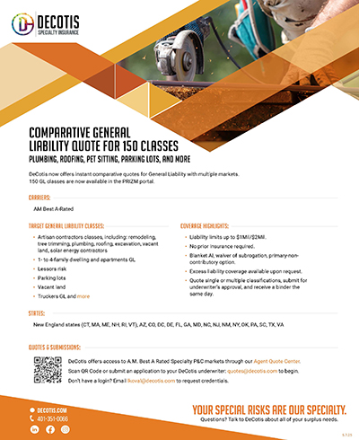 Promotional flyer for Decotis Insurance, featuring a lawn mower image and offering General Liability quotes for 150 classes, including plumbing, roofing, and pet sitting. Contact information and coverage highlights are listed.