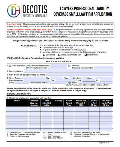 An application form with text and numbers designed for Lawyers E&O Insurance, also known as Errors and Omissions Insurance.
