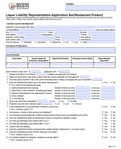 A Liquor Liability representation application form for hospitality businesses like bars/restaurants, featuring business and contact details, annual receipts by sales category, and a table of coverage limits with related questions. Decotis logo at the top.