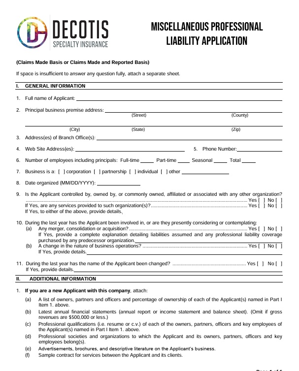 A professional liability application form from Decotis Specialty Insurance for Miscellaneous E&O, displaying sections for applicant details, business info, ownership, insurance history, and yes/no checkboxes for eligibility questions.