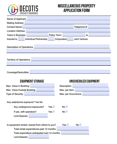 A miscellaneous property application form from Decotis Specialty Insurance, designed for Equipment Floater Insurance, with fields for applicant info, coverage details, equipment storage, unscheduled equipment, and related questions—mostly blank and ready to complete.
