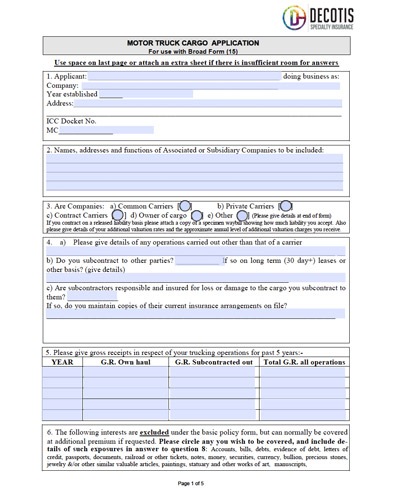 A Motor Truck Cargo Insurance application form with fields for applicant details, company type, subcontracting info, loss history, and a table for tracking operations over five years. The Decotis Specialty Insurance logo is at the top right.