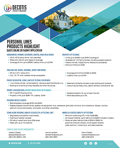 Flyer for Decotis Specialty Insurance featuring a house image, with detailed lists of personal insurance products including homeowners insurance, rentals, condos, valuables, watercraft, and umbrella options. Contact info is displayed at the bottom.