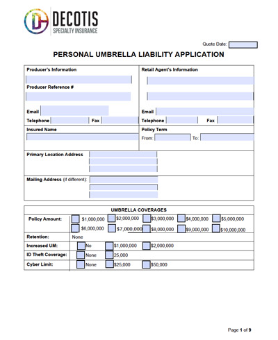 A Personal Liability Insurance umbrella application form showing fields for producer and agent info, insured name, address, policy term, and coverage options with checkboxes and amounts. The top of the form has the Decotis Specialty Insurance logo.