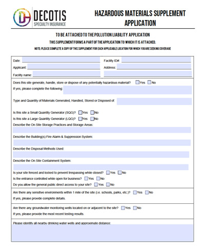 A hazardous materials supplement application form with fields for applicant details, waste information, facility fire safety, spill controls, and proximity to water sources. Pollution Liability coverage is addressed. The Decotis Speciality Insurance logo is at the top left.