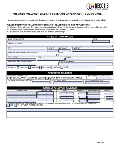 A Premises Pollution Liability Coverage Application form from Decotis Specialty Insurance is displayed. It includes fields for applicant details, requested Environmental Liability coverage, deductible, and other relevant insurance information.