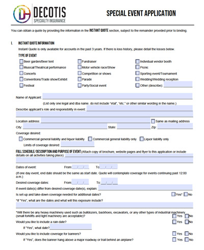 A special event application form from Decotis Specialty Insurance, featuring fields for event details, coverage types like liquor liability or hospitality insurance, location, attendance, and risk assessment, with checkboxes and spaces for applicant input.