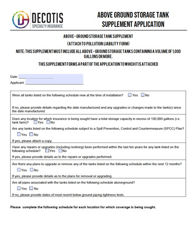 A form titled “Above Ground Storage Tank Supplement Application” by Decotis Specialty Insurance, featuring applicant information fields and questions about storage tank history, inspection, spill plans, insurance, and Pollution Liability coverage.
