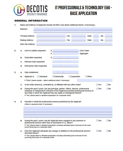 A form titled “IT Professionals & Technology E&O Base Application” by Decotis Specialty Insurance, featuring sections for applicant information, coverage details, and yes/no questions related to Technology E&O insurance, with blank fields for responses.