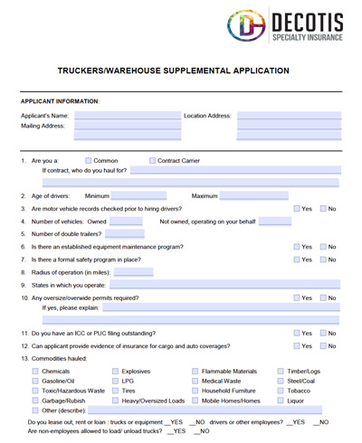 A Truckers General Liability supplemental insurance application for truckers/warehouses, featuring applicant and driver info, safety questions, and material checkboxes; DECOTIS Specialty Insurance logo displayed at the top right.