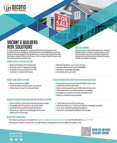 Flyer for Decotis Specialty Insurance with photo of a house for sale. Lists vacant and course of construction insurance solutions, coverages, contact info, QR code, and a “Did You Know” box highlighting specialty insurance offerings.