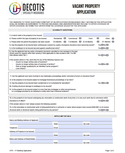 Screenshot of a Decotis Specialty Insurance application form for Vacant or Course of Construction Insurance, displaying fields for eligibility questions and applicant details such as property use, renovations, prior claims, and contact information.