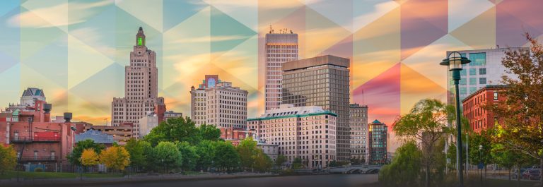 Colorful city skyline at sunset with various tall buildings, trees in the foreground, and an artistic geometric overlay on the sky.