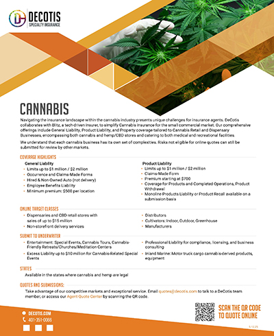 A flyer for Decotis Specialty Insurance featuring cannabis leaves and geometric graphics, outlining Coverage Highlights for cannabis businesses, insurance options, and contact info with a QR code for quotes and a Coverage Download.