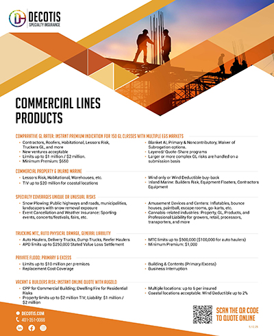 Informational flyer for Decotis Specialty Insurance featuring Coverage Highlights on commercial lines—contractors, specialty benefits, trucks, property, and business owners. Download or scan the QR code to quote online. Contact us for more details.