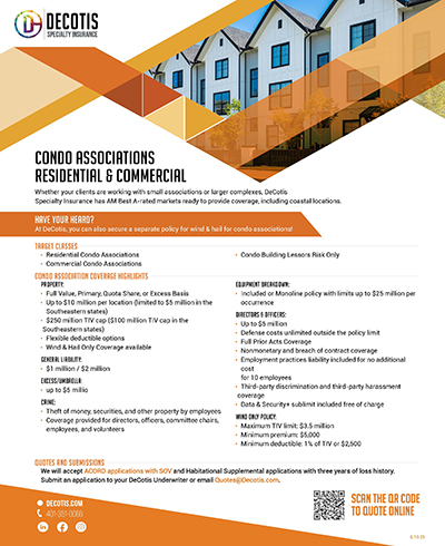 Flyer for Decotis Specialty Insurance showing a photo of townhouses at the top. The flyer outlines coverage highlights and insurance solutions for condo associations, listing product benefits, contact information, and a QR code for an online quote.