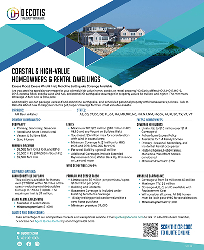 Flyer for Decotis Specialty Insurance featuring a coastal home at the top, blue geometric graphics, Coverage Highlights for coastal and high-value homes and rentals, benefits, contact info, and a QR code to Download or request a quote at the bottom right.