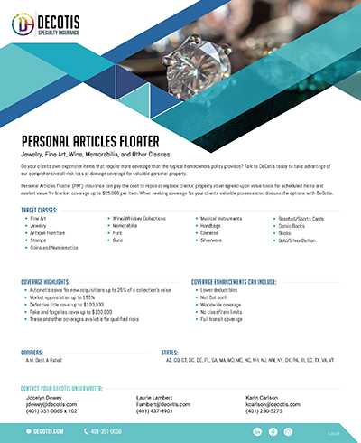 A flyer for Decotis Specialty Insurance displays Coverage Highlights of personal articles floater coverage for jewelry, wine, fine art, and collectibles. The blue design features text details, a Download option, and a close-up image of sparkling diamonds.