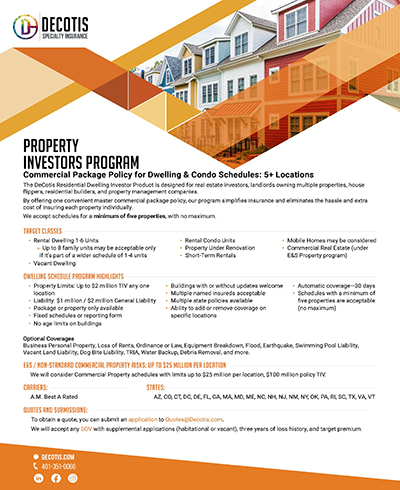 A promotional flyer for Decotis Specialty Insurances Property Investors Program, detailing Coverage Highlights for investors with 5+ locations. The flyer lists eligible risks, coverage details, contact info, and an option to Download. Background features modern houses.