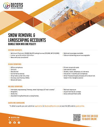 A commercial snow removal and landscaping insurance flyer with orange geometric accents, a snowplow image, coverage details, Coverage Highlights, eligible operations, and a QR code for online quotes at the bottom right.