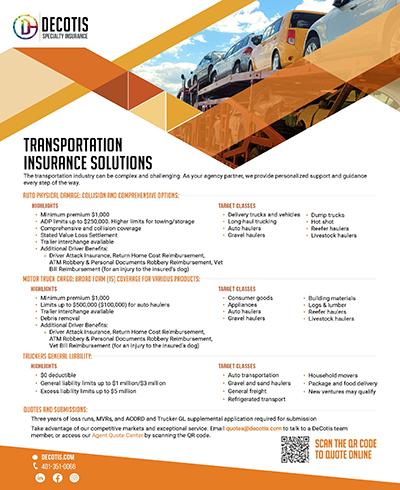 A flyer for Decotis Specialty Insurance highlights coverage options for cars loaded on a carrier truck, with transportation insurance solutions, auto policies, target classes, services, contact info, and a QR code to download online quotes.