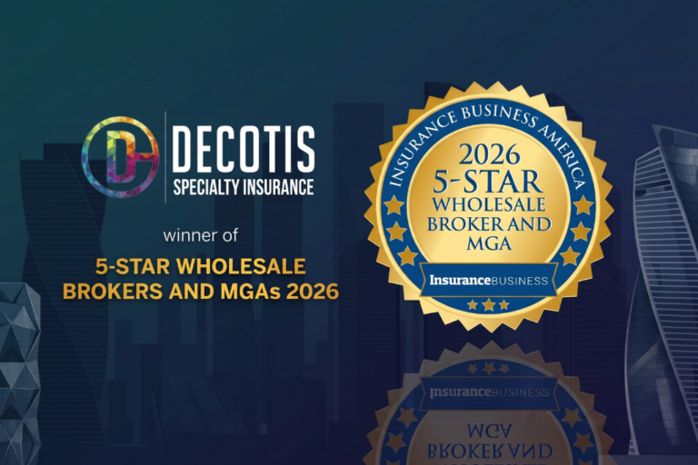 An image of the DeCotis Logo, as well as a 2026 MGA 5-Star medal, with copy that reads "5-Star Wholesale Brokers and MGAs 2026