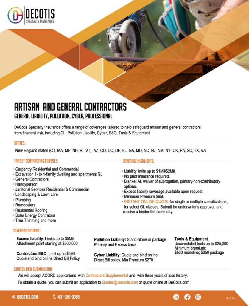An image of The DeCotis Artisan and General Contractors flyer with copy outlining product details.